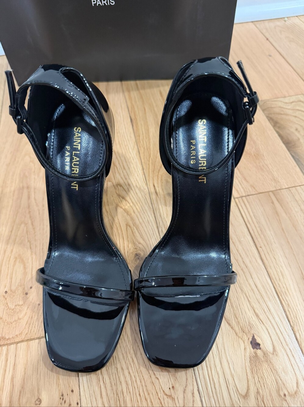 Saint Laurent Black Patent Logo Sculptural Heel Sandals - Picture 4 of 11